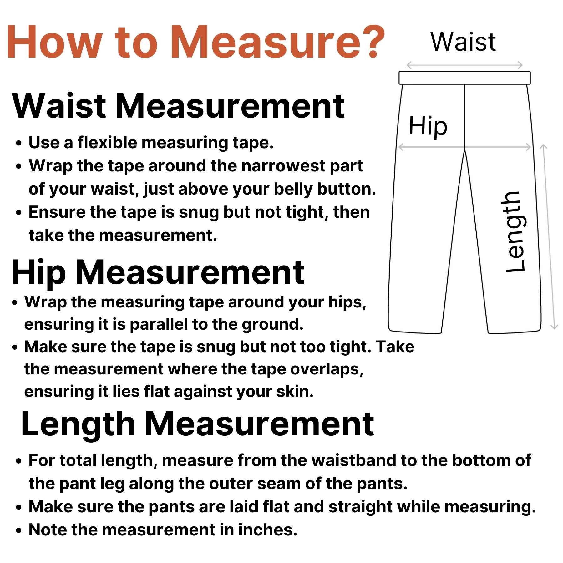 Illustration showing how to measure waist, hip, and length for GPW Men's Slim Fit Pencil Pants