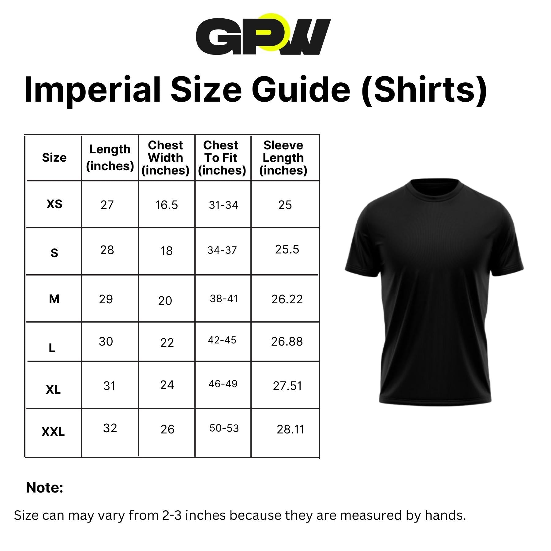 Imperial Size Guide for GPW Unisex Long Sleeve Tee with Unstoppable Design