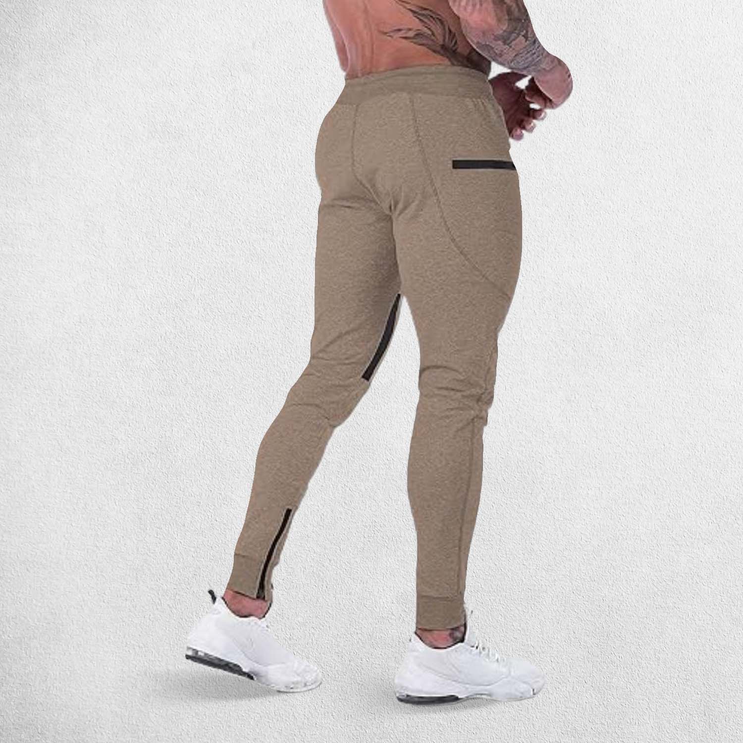 A Side pose of man wearing Khaki GPW Men's Slim Fit Trousers with Zipper Pockets for Training