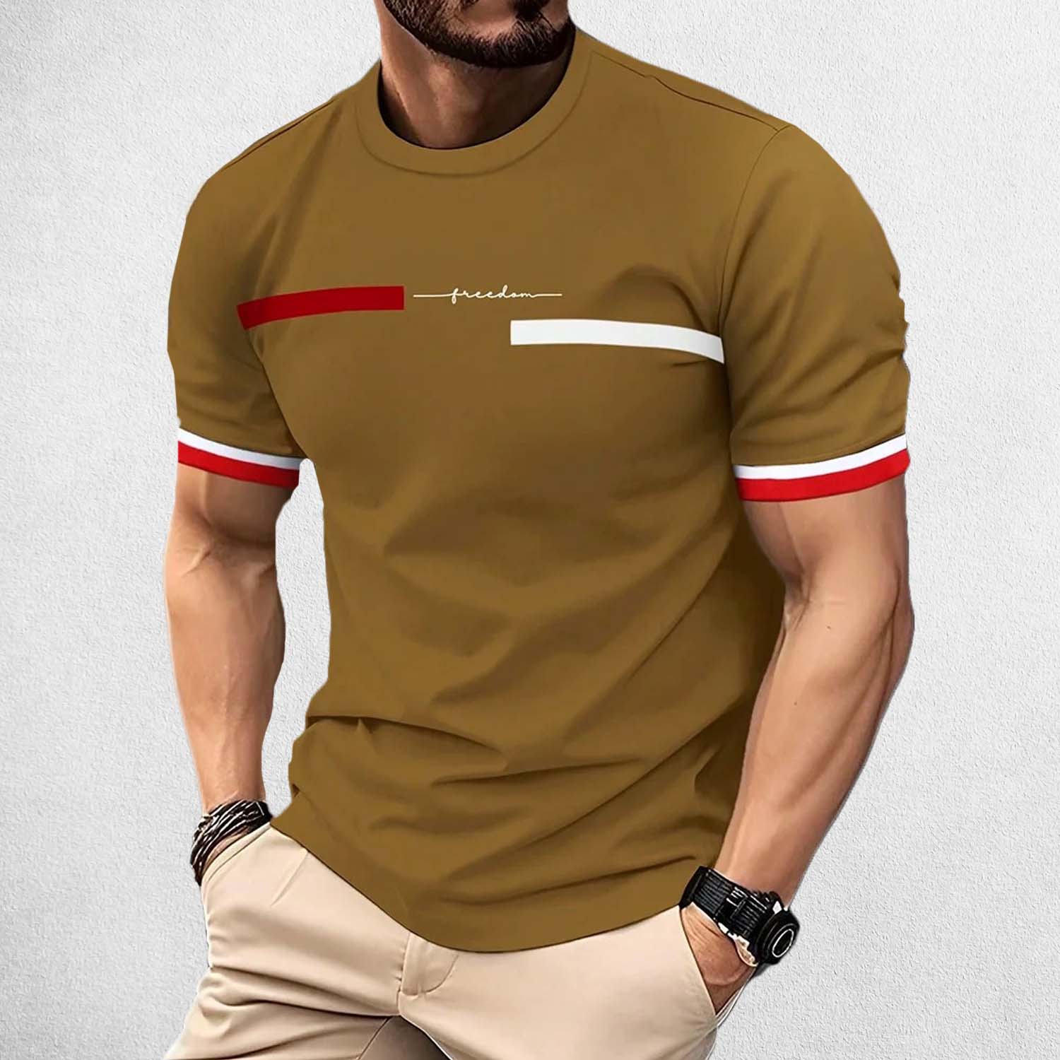 Front View of Model Wearing Khaki Men’s 3D Striped Letter Print Oversized T-Shirt – Casual Streetwear Hip-Hop Tee
