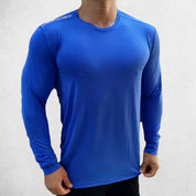 Front View of Model Wearing Lake BLue Men’s Compression Sweatshirt – Long Sleeve Dry Fit Performance Gym & Running Top