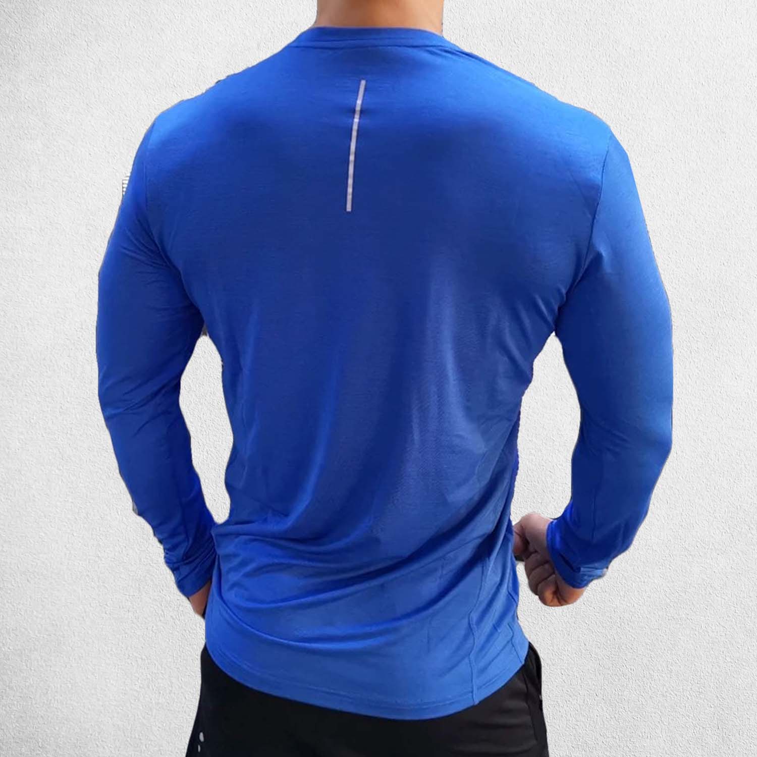 Back pose of Model Wearing Lake BLue Men’s Compression Sweatshirt – Long Sleeve Dry Fit Performance Gym & Running Top