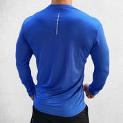 Back pose of Model Wearing Lake BLue Men’s Compression Sweatshirt – Long Sleeve Dry Fit Performance Gym & Running Top