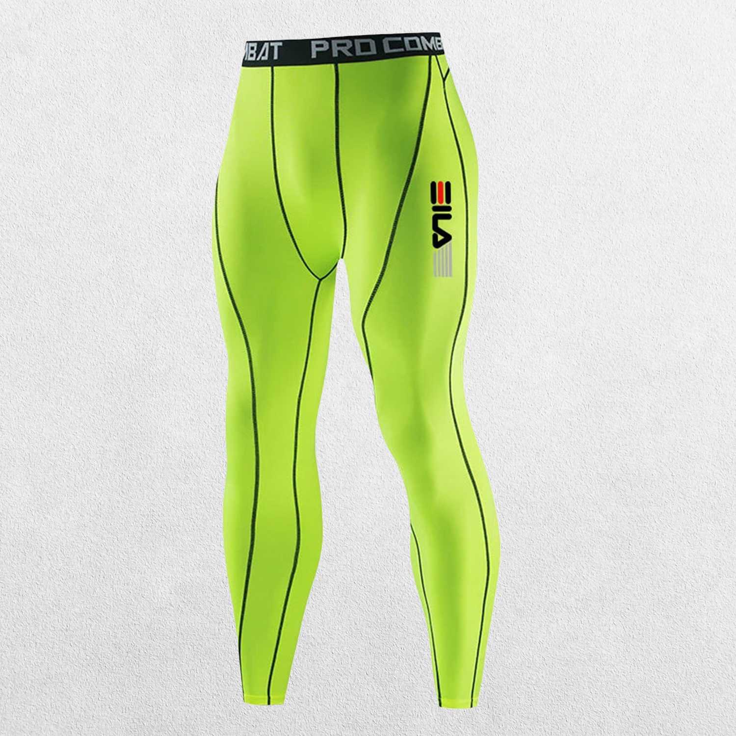 Close-up of Lawn Green breathable, moisture-wicking fabric on GPW running leggings for men.