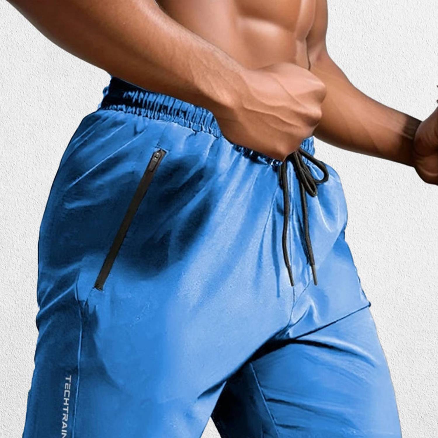 Front view of Light Blue GPW Men’s Lightweight Polyester Athletic Shorts with breathable fabric.