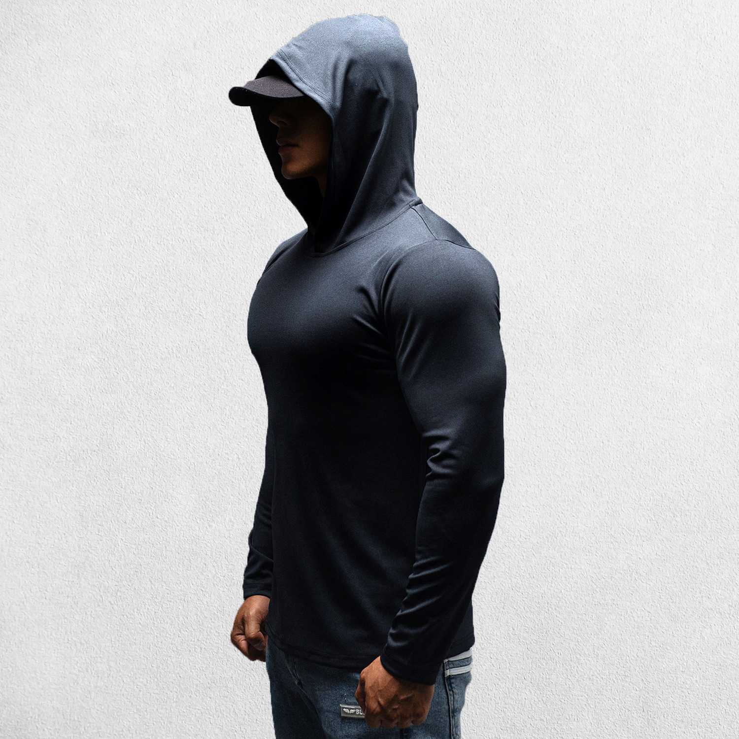 Model wearing Light Grey Athletic Fit Fitness Hoodie Top For Running, Bodybuilding, and Fitness