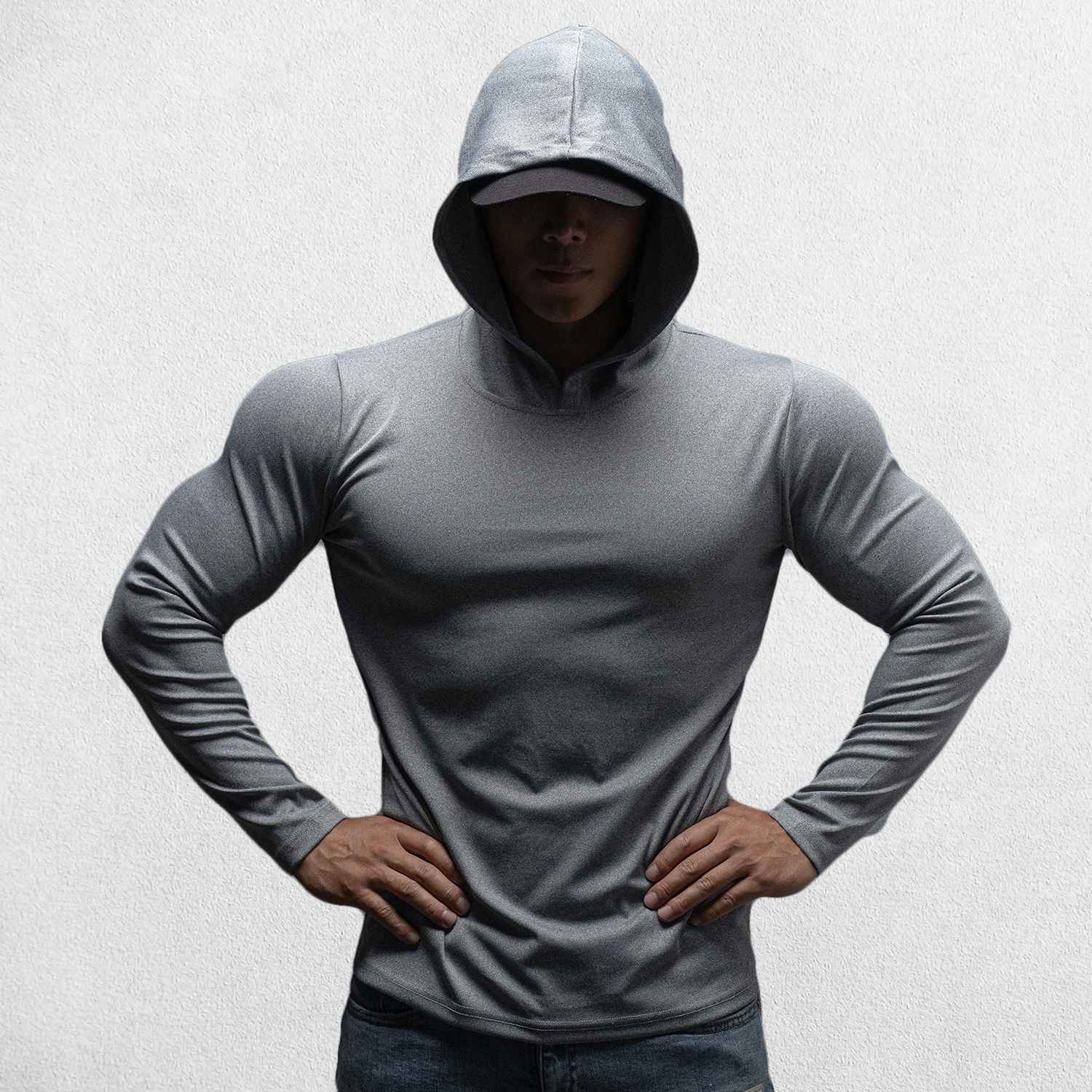 Model wearing Light Grey Athletic Fit Fitness Hoodie Top For Running, Bodybuilding, and Fitness