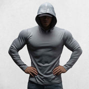 Model wearing Light Grey Athletic Fit Fitness Hoodie Top For Running, Bodybuilding, and Fitness