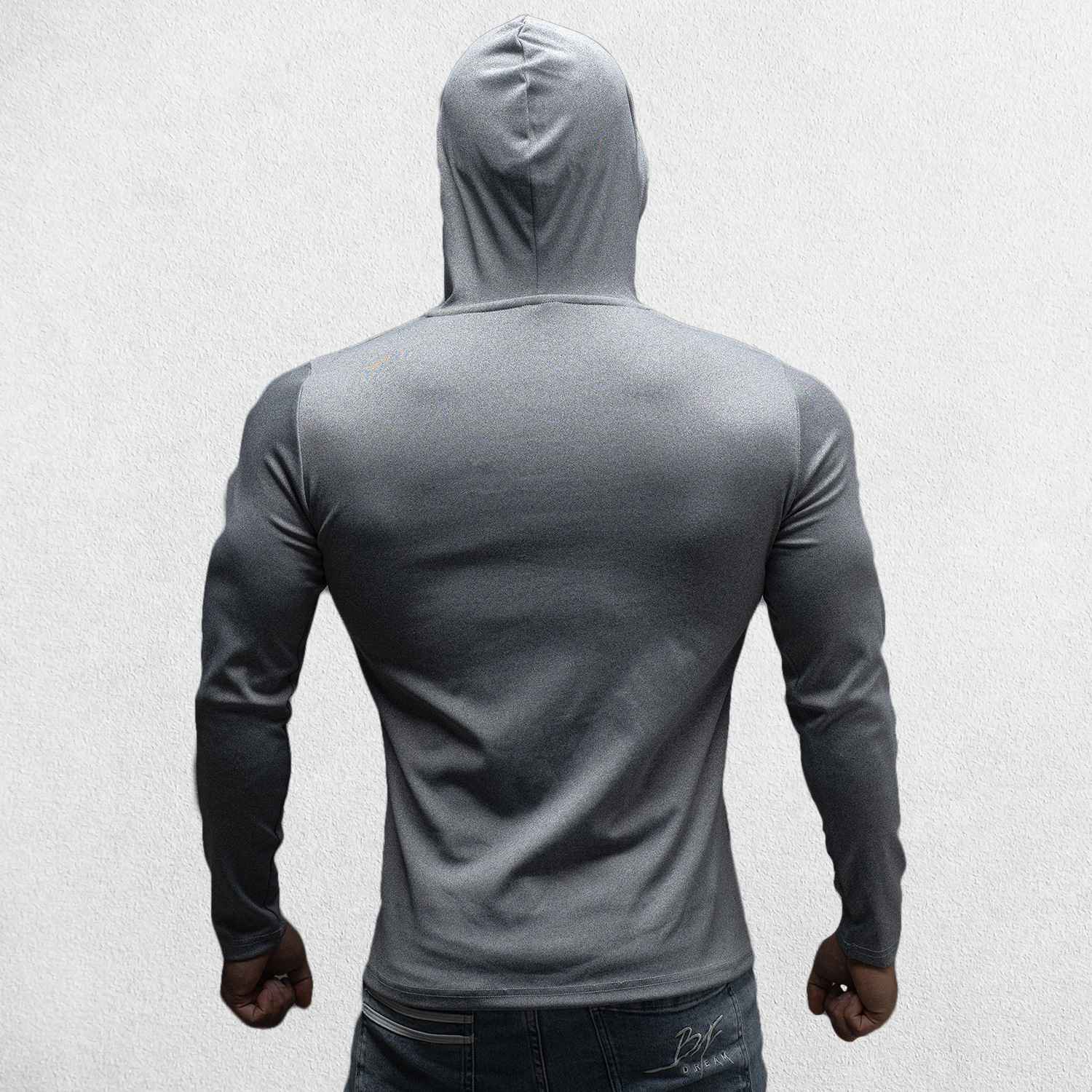 Model wearing Light Grey Athletic Fit Fitness Hoodie Top For Running, Bodybuilding, and Fitness