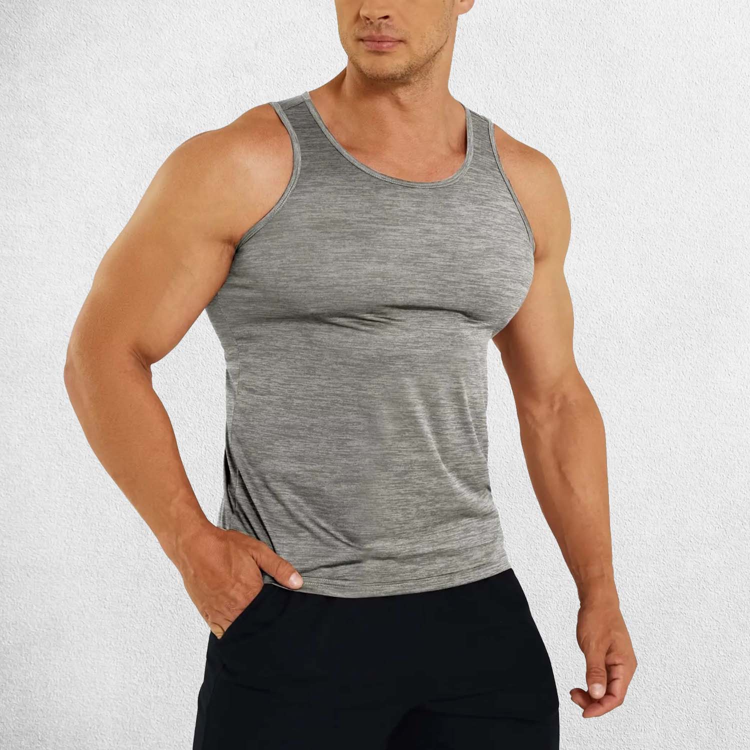 Front View of Model Wearing Light Grey Men’s Sleeveless Breathable & Slim Fit Cotton Tank Top – Gym, Fitness, Casual Wear & Sports Undershirt