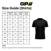 Size guide for shirts with a black t-shirt and GPW logo on a white background