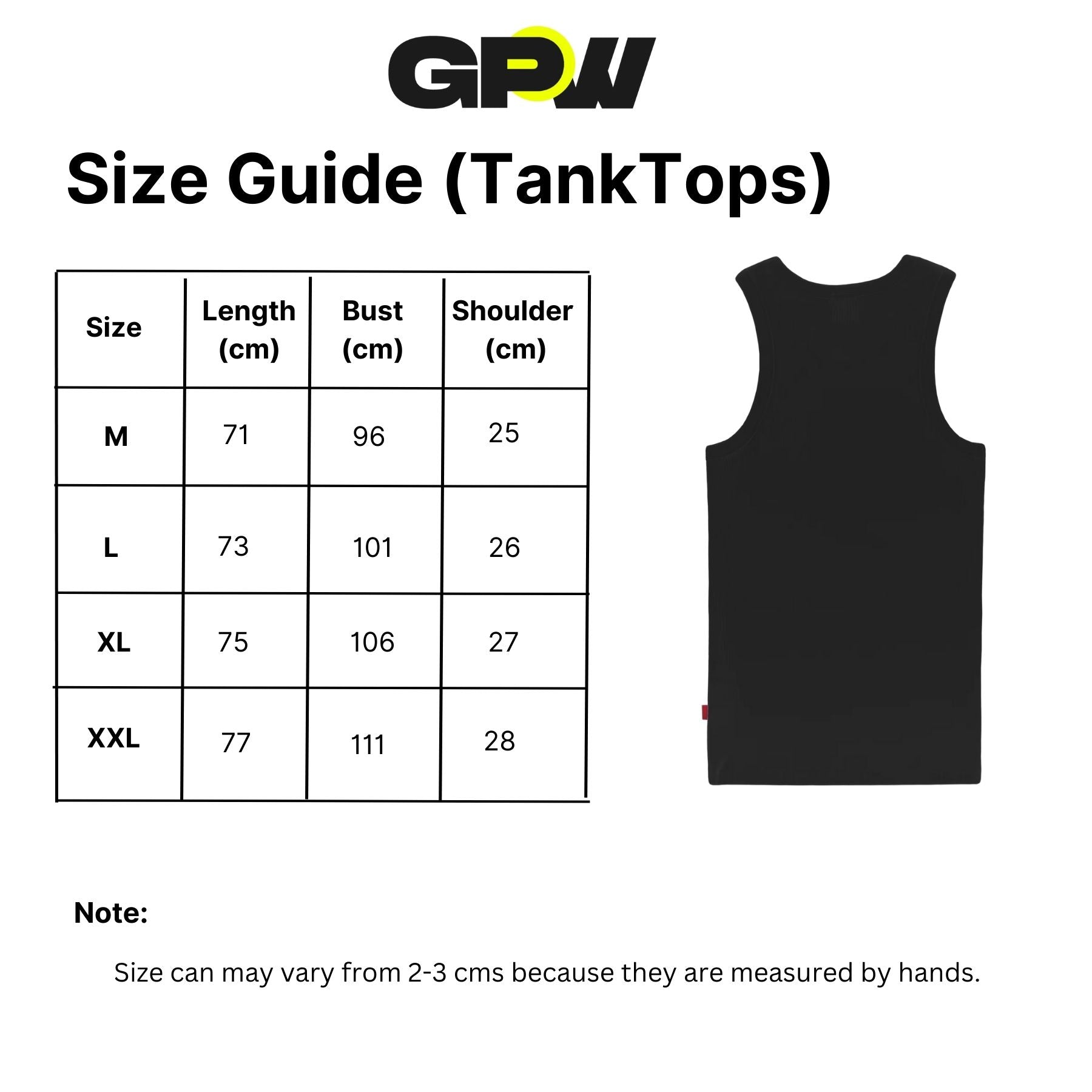 Clear size chart for the Machine Fitness Bodybuilding Tank Top