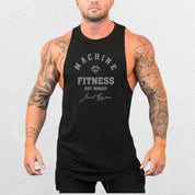 Front view of the Machine Fitness Bodybuilding Tank Top in black, featuring bold branding and a sleek, slim-fit design on a model.