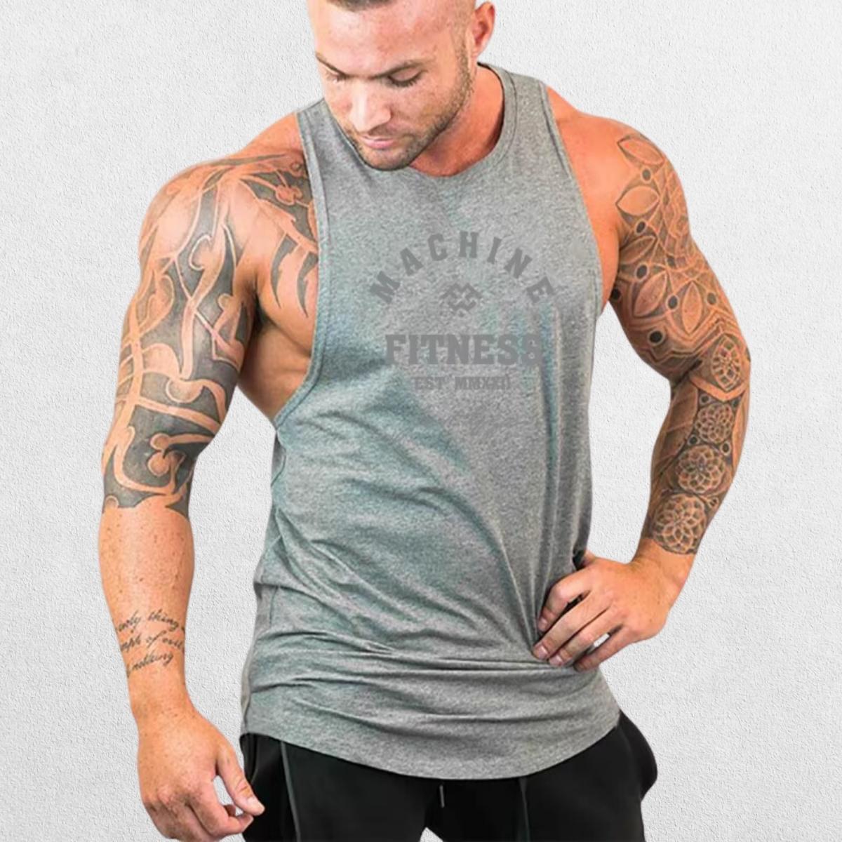 Front view of the Machine Fitness Bodybuilding Tank Top in grey