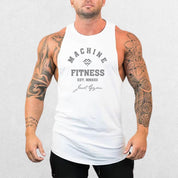 Front view of the Machine Fitness Bodybuilding Tank Top in white, emphasizing the modern style and lightweight build on a model.