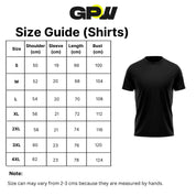 Size chart displaying measurements for men's cotton sports t-shirt in all available sizes.
