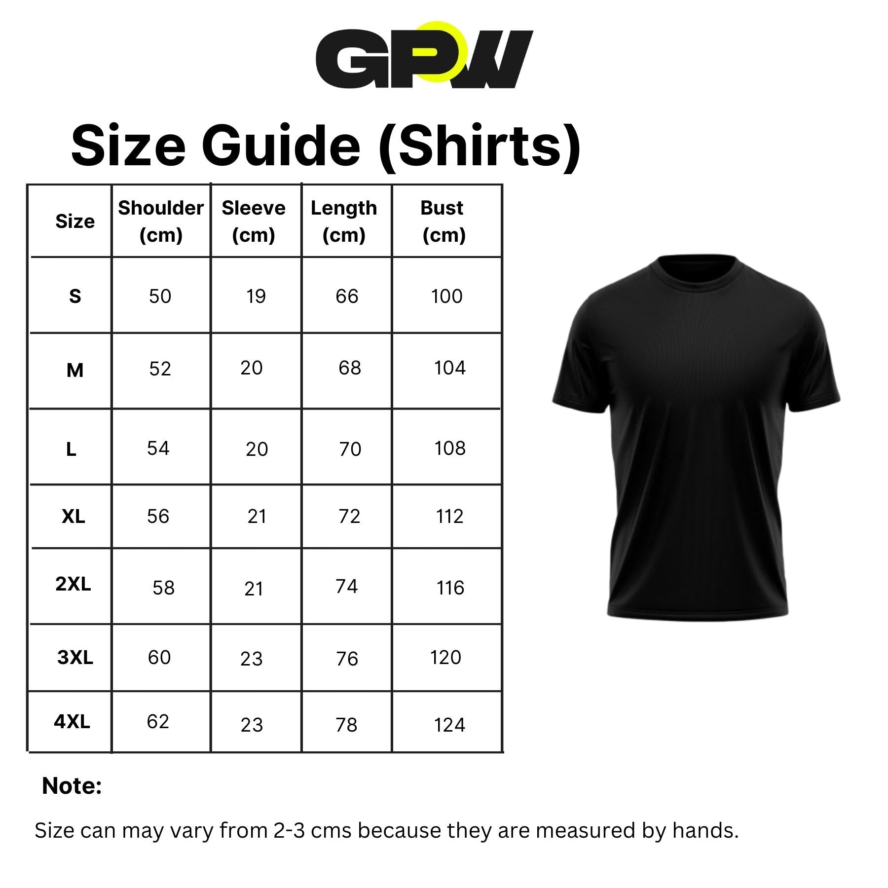 Size chart displaying measurements for men's cotton sports t-shirt in all available sizes.