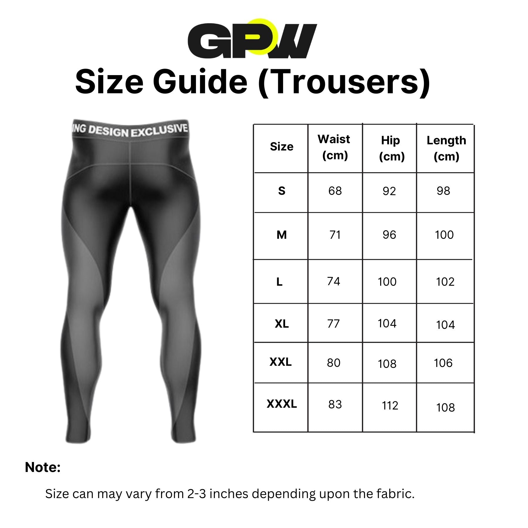 Detailed size chart for Men’s Casual Sports Jogger Sweatpants, covering waist, hip, and length measurements.