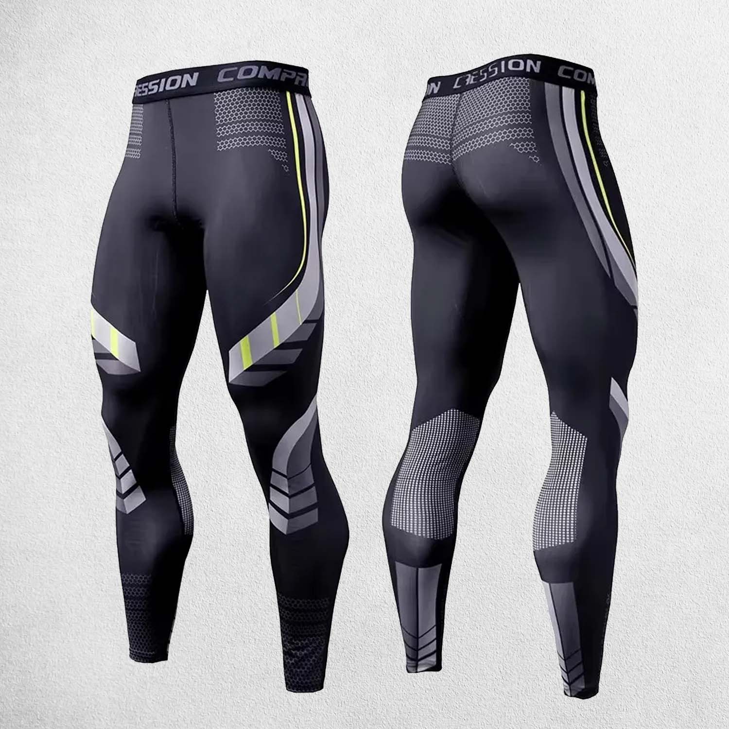 Front And back view of Men’s compression pants with high-stretch fabric for gym workouts and running.