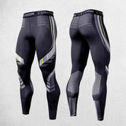 Front And back view of Men’s compression pants with high-stretch fabric for gym workouts and running.