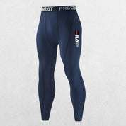 Navy blue men’s sports leggings with 4-way stretch for fitness.