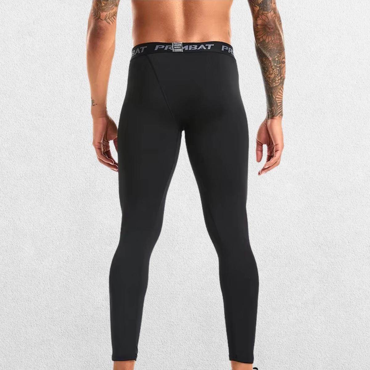 Back side of black  men’s sports leggings of model showcasing the design