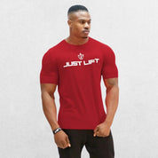 Red men's cotton workout t-shirt, designed for style and performance in the gym.
