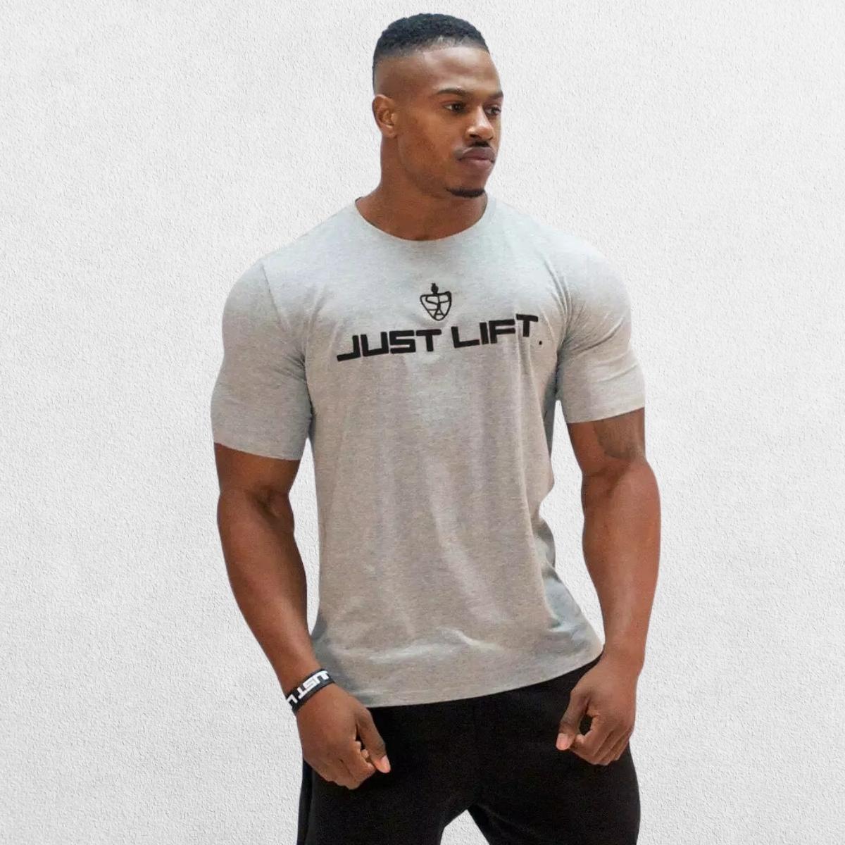 Grey men's cotton sports t-shirt with short sleeves, ideal for gym workouts.