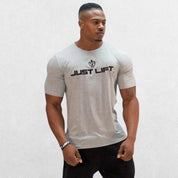 Grey men's cotton sports t-shirt with short sleeves, ideal for gym workouts.