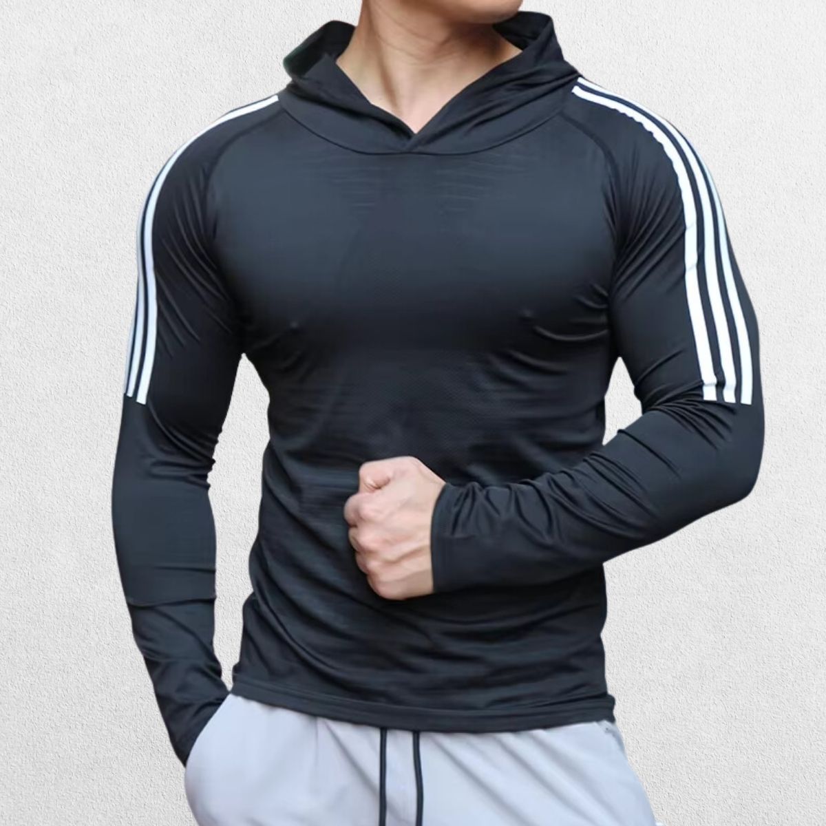Men’s Fitness Running Sport Hoodie in black, designed for flexibility, breathability, and durability, perfect for gym and outdoor workouts.