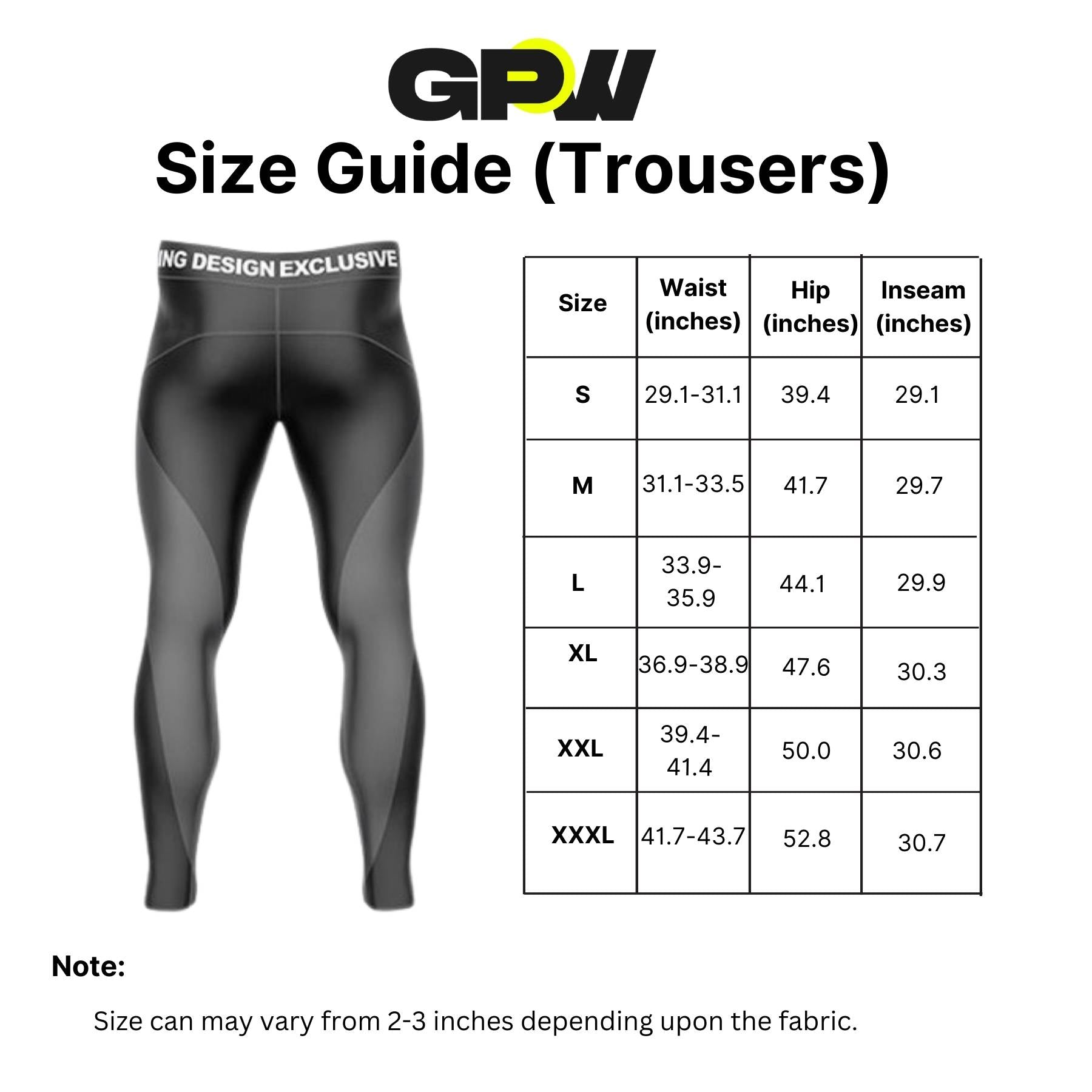 Detailed size guide for men's quick-dry hiking trousers