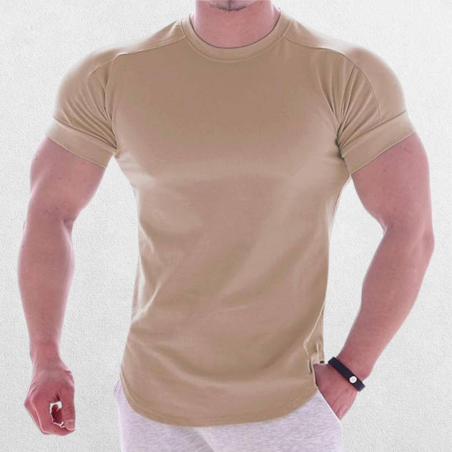 Khaki Men's Quick-Dry Workout T-Shirt, versatile for gym sessions and casual outings.
