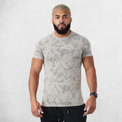 Front view showcasing raglan cut, YoungLA logo, and digital pattern for gym and sports.