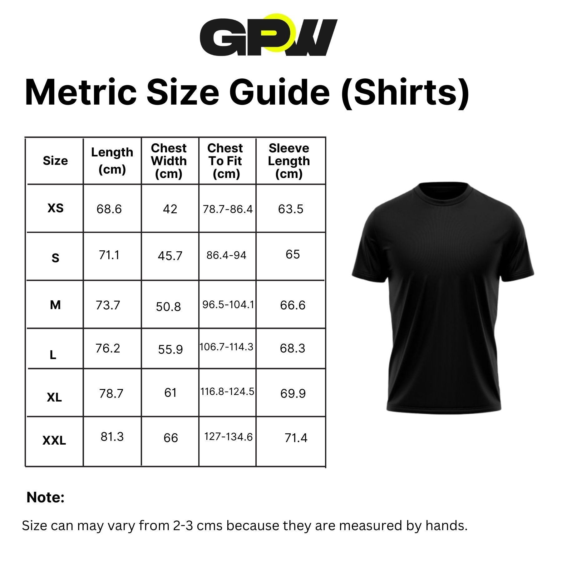 Metric Size Guide for Men's GPW Unisex Long Sleeve Tee with Unstoppable Design