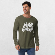 Model wearing the Military Green GPW Never Give Up Shirt styled with jeans.