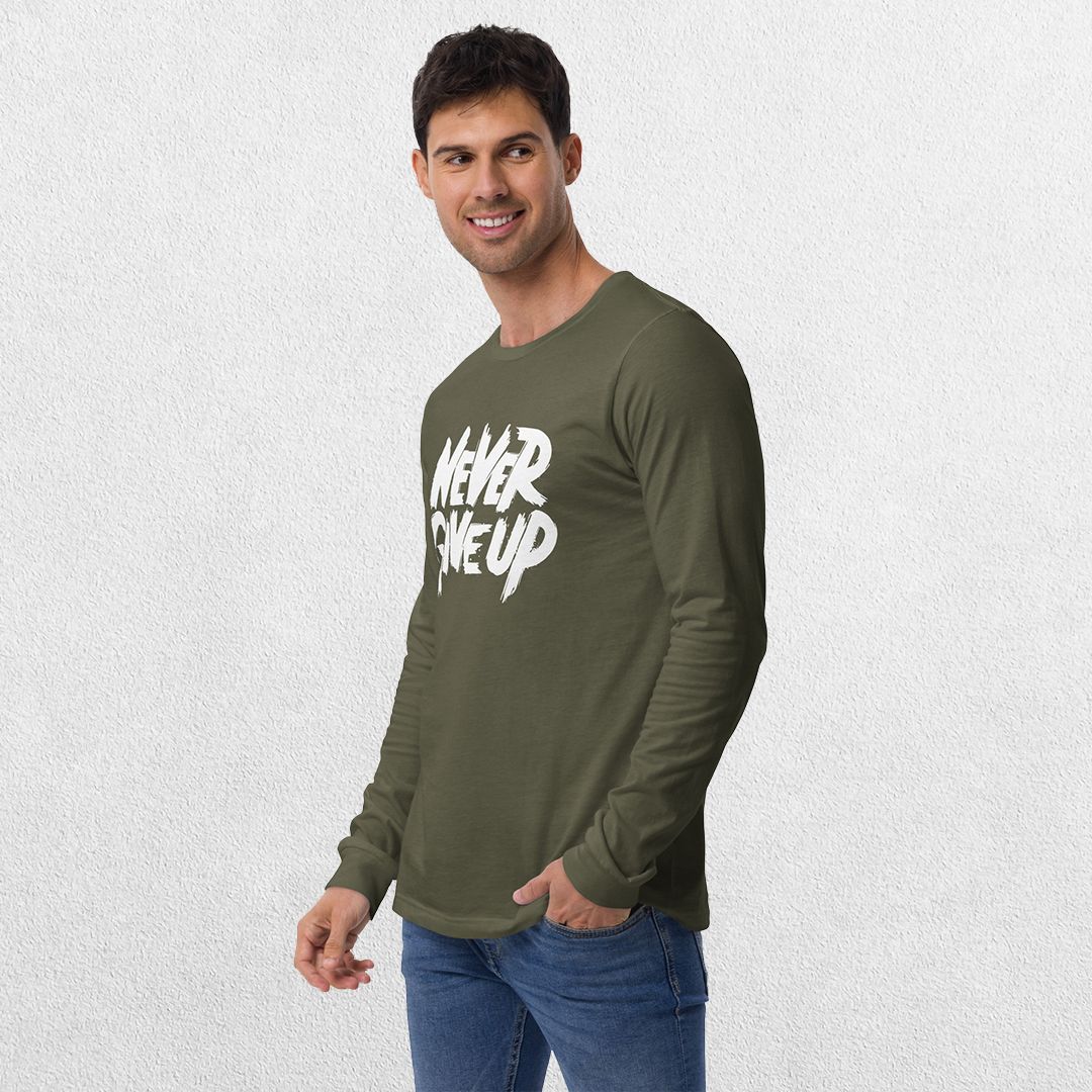 Model wearing the Military Green GPW Never Give Up Shirt styled with jeans.
