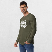 Model wearing the Military Green GPW Never Give Up Shirt styled with jeans.