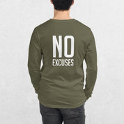 Back view of the Military Green GPW No Excuses Printed Unisex Long Sleeve Tee with motivational print.
