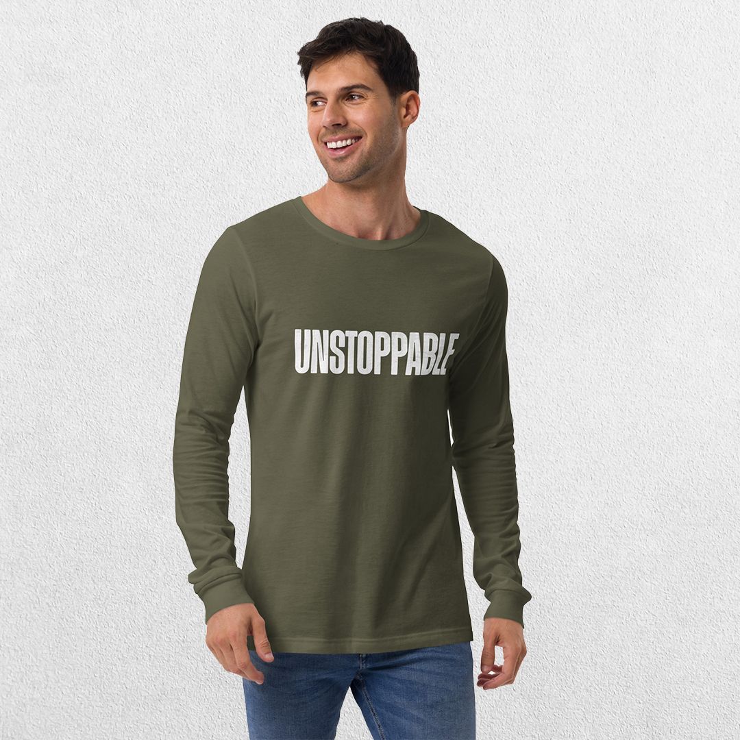 Model wearing the Military Green GPW Unisex Long Sleeve Tee with Unstoppable Design with jeans.
