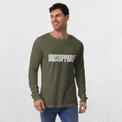 Model wearing the Military Green GPW Unisex Long Sleeve Tee with Unstoppable Design with jeans.