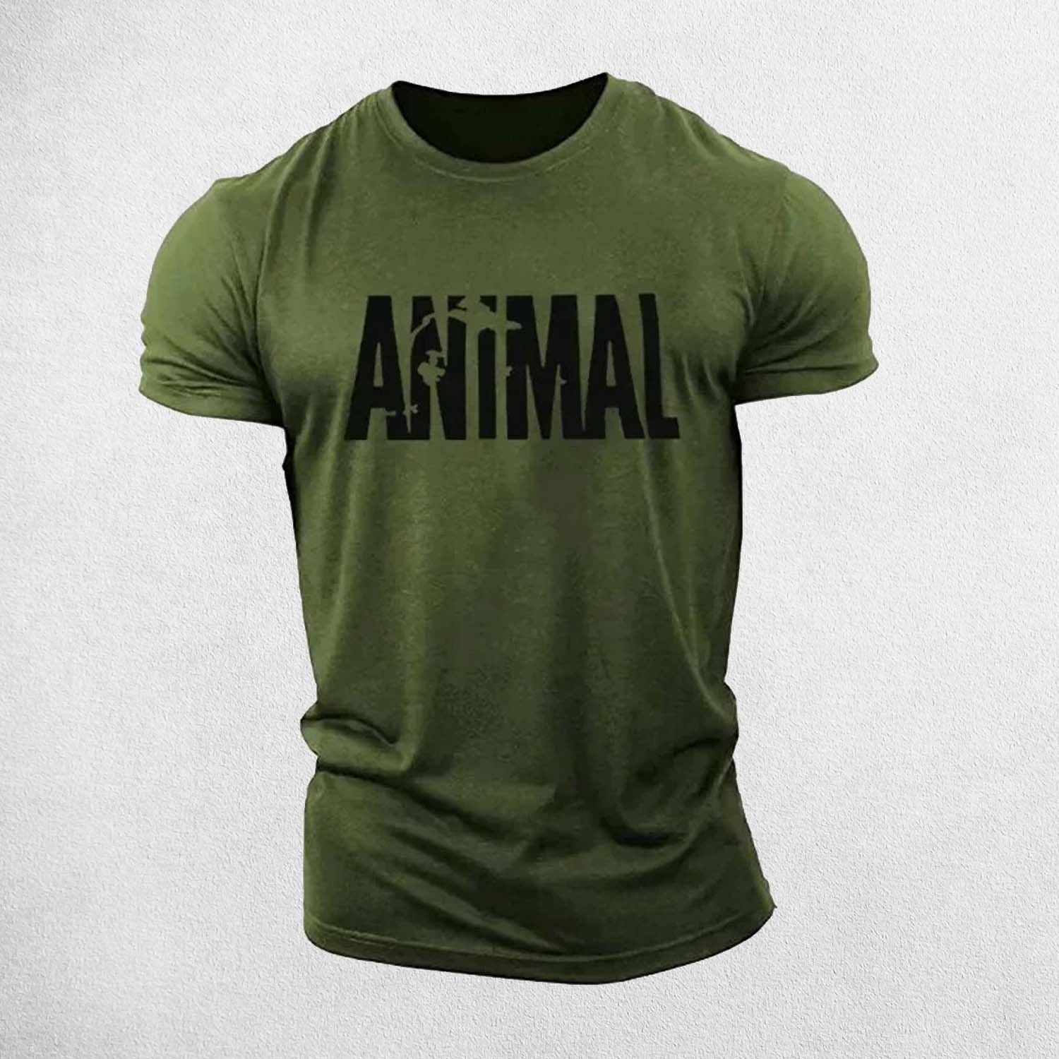 Front View of Military Green Men’s 3D Animal Print Oversized Sports T-Shirt – Quick-Dry, Breathable Summer Casual Tee