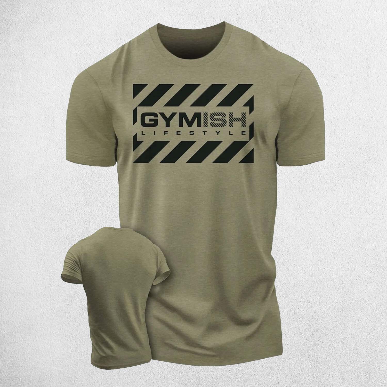 Close-up of Military Green raised 3D lettering on fitness t-shirt
