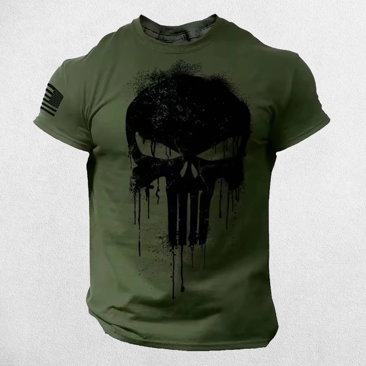 Front View of Military Green Men's Oversized 3D Patriotic Skull T-Shirt