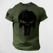 Front View of Military Green Men's Oversized 3D Patriotic Skull T-Shirt