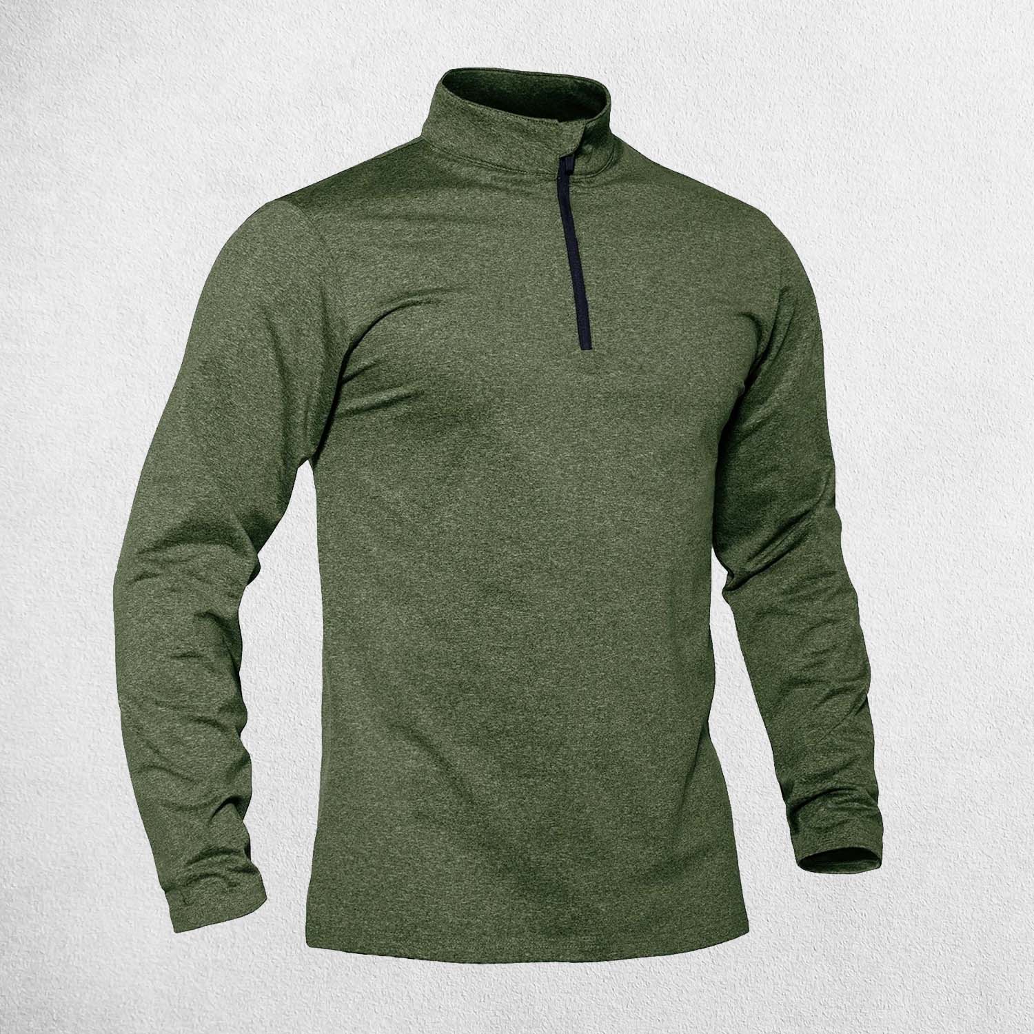 Military Green Outdoor Running Sweatshirt with Warm Inner Lining & Zip Collar