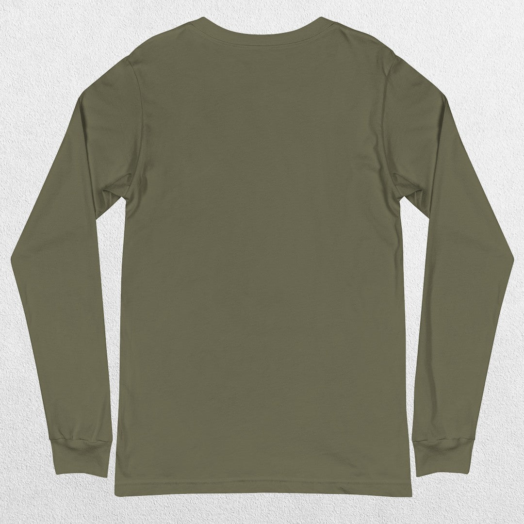 Close up of Military Green One More Rep High-Performance Long Sleeve Tee – Unisex Gym Wear in a studio background.