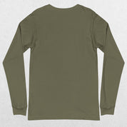 Close up of Military Green One More Rep High-Performance Long Sleeve Tee – Unisex Gym Wear in a studio background.
