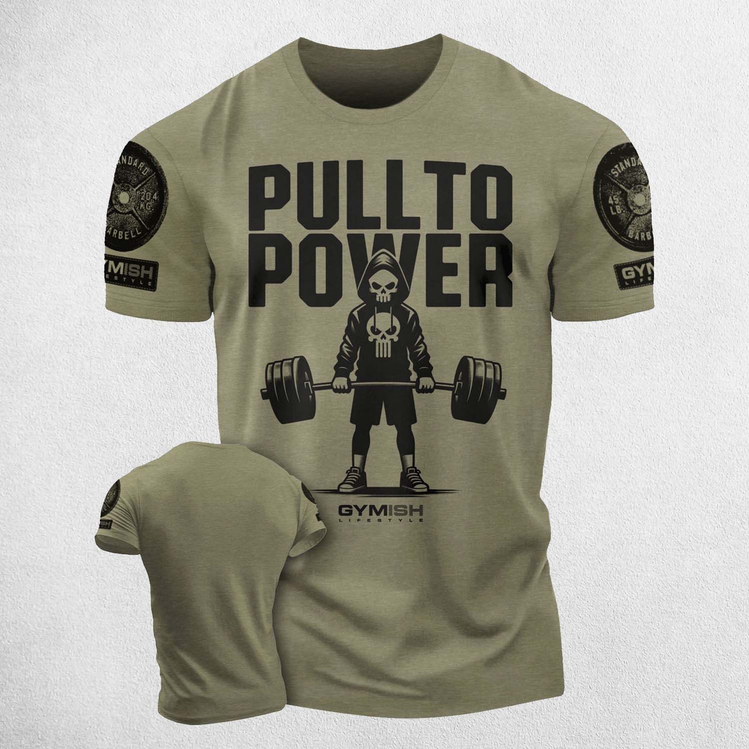 Militery Green Motivational gym shirt with "PULL TO POWER" design in a studio background