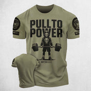 Militery Green Motivational gym shirt with "PULL TO POWER" design in a studio background