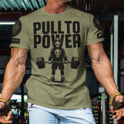 Model in a gym background wearing Militery Green New High-Quality Cotton Men's T-Shirt – 3D Print Weightlifting Skull & Motivational Gym Tee